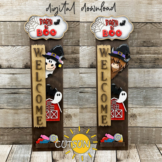 Barn of Boo Halloween add-on SVG with witch, Bigfoot, barn and ghost for vertical porch leaner; layered laser cut file with free WELCOME base.