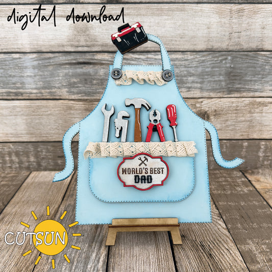 Father’s Day SVG add-on with toolbox, tools, and “World’s best DAD” plaque for laser cut apron shelf sitter