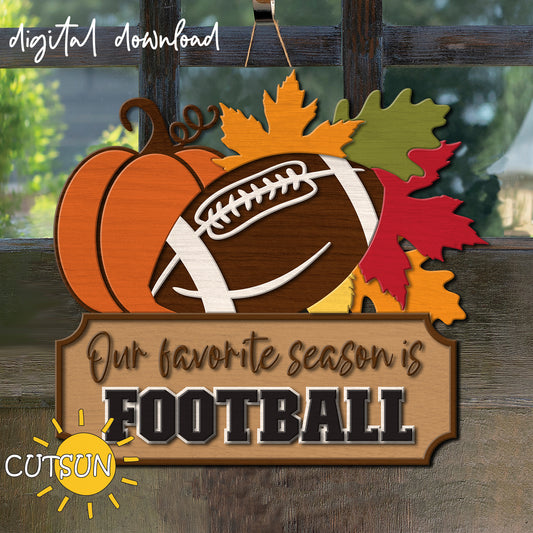 Football Door Hanger SVG with pumpkin and fall leaves – layered fall door sign design for laser cutters, Cricut, and Silhouette
