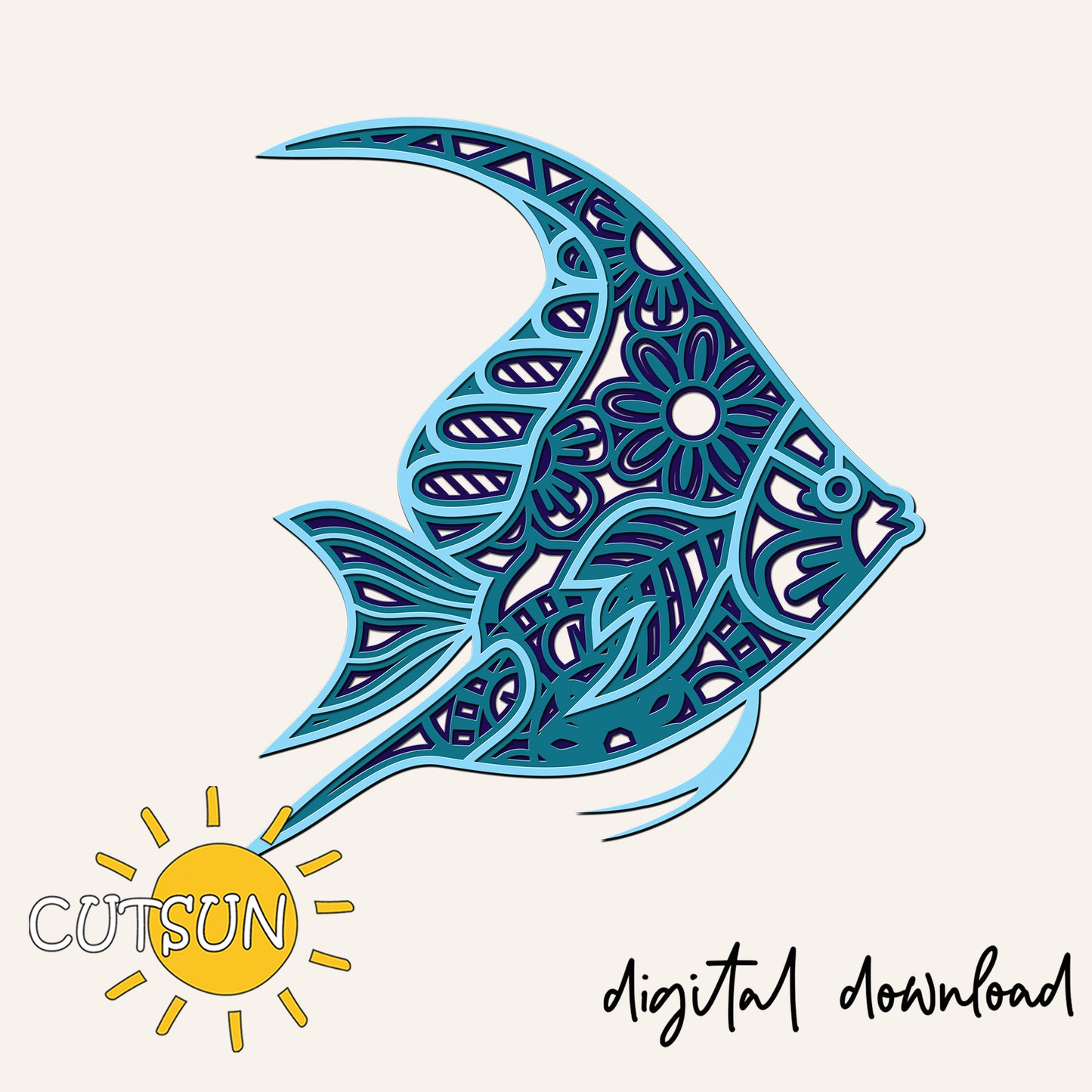 Decorative fish design with intricate patterns on a white background, featuring 'CUTSUN' logo and text.