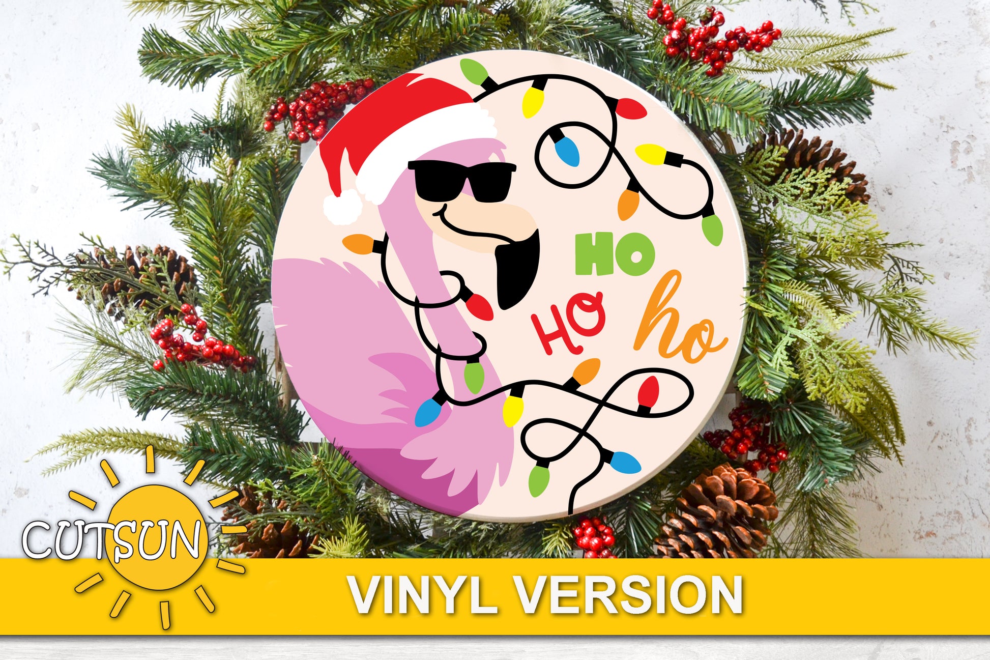 Christmas flamingo with sunglasses, Santa hat and a string of Christmas lights svg digital download