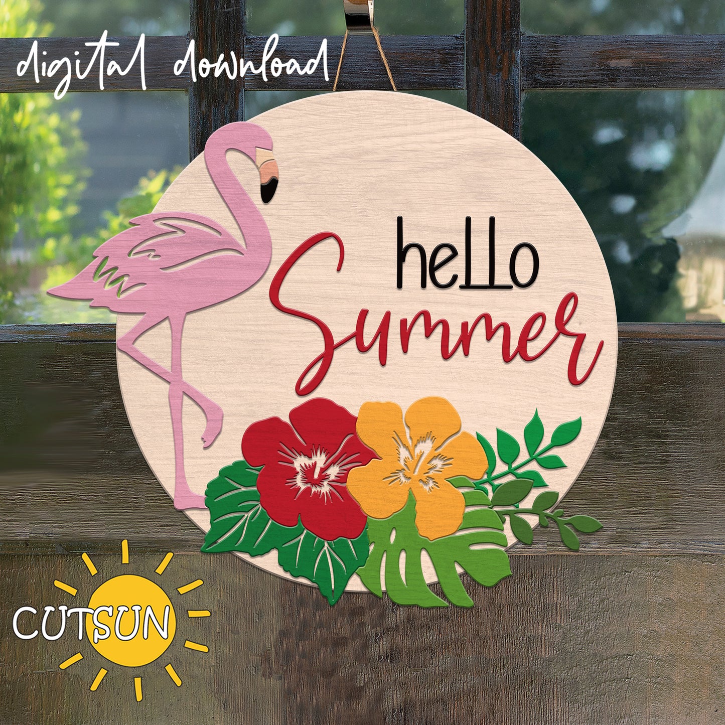 Hello Summer Door hanger SVG | Flamingo door hanger SVG | Hibiscus door hanger svg