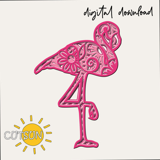 Digital download card with pink flamingo design and 'CUTSUN' logo on a white background
