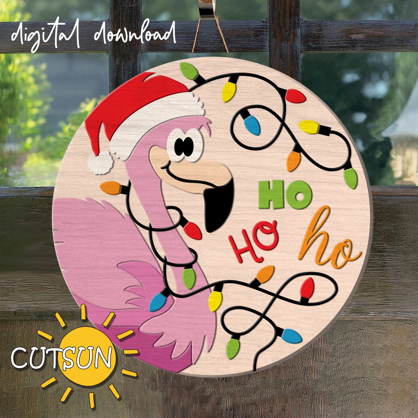 Digital download for a round front door sign featuring a cute Flamingo with Christmas lights and the text Ho ho ho