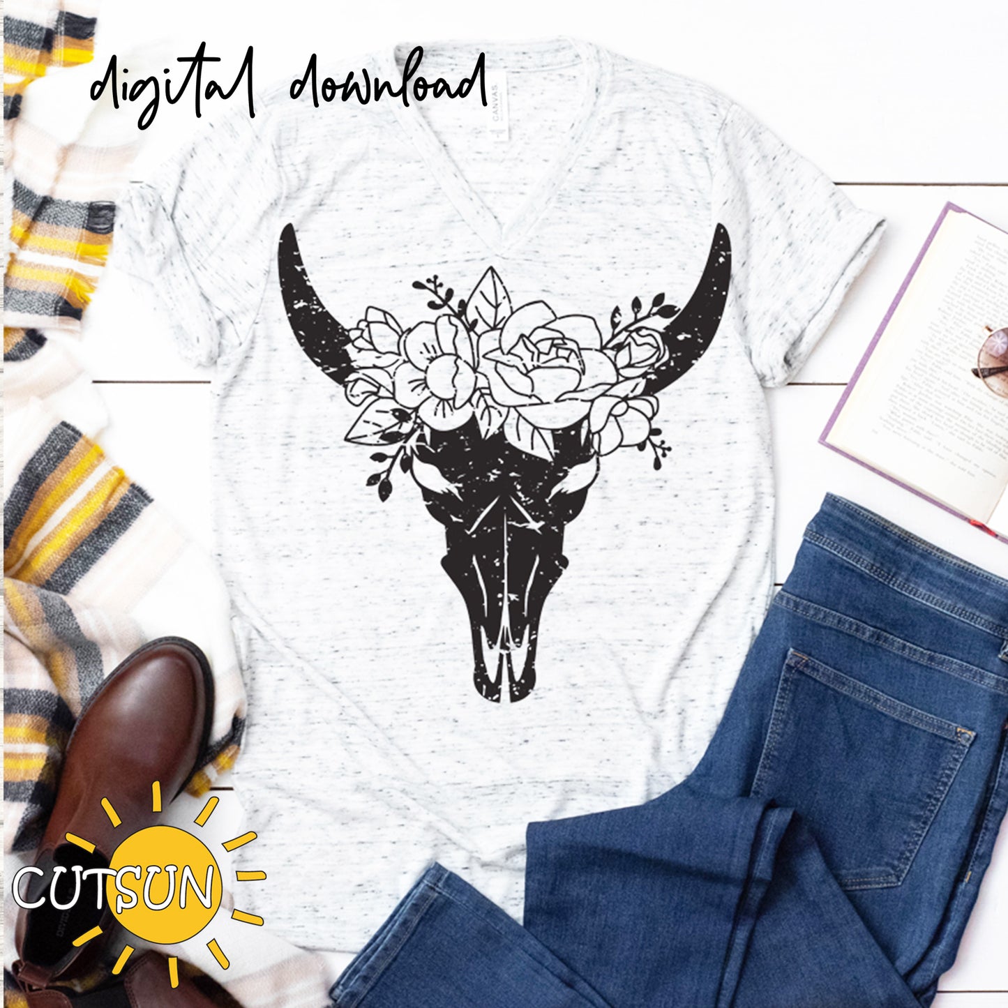 Cow skull SVG | Floral Cow Skull Distressed SVG