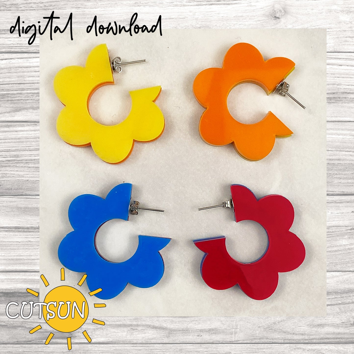 Four colorful hoop earrings (yellow, orange, blue, red) on a white card with 'CUTSUN' branding.