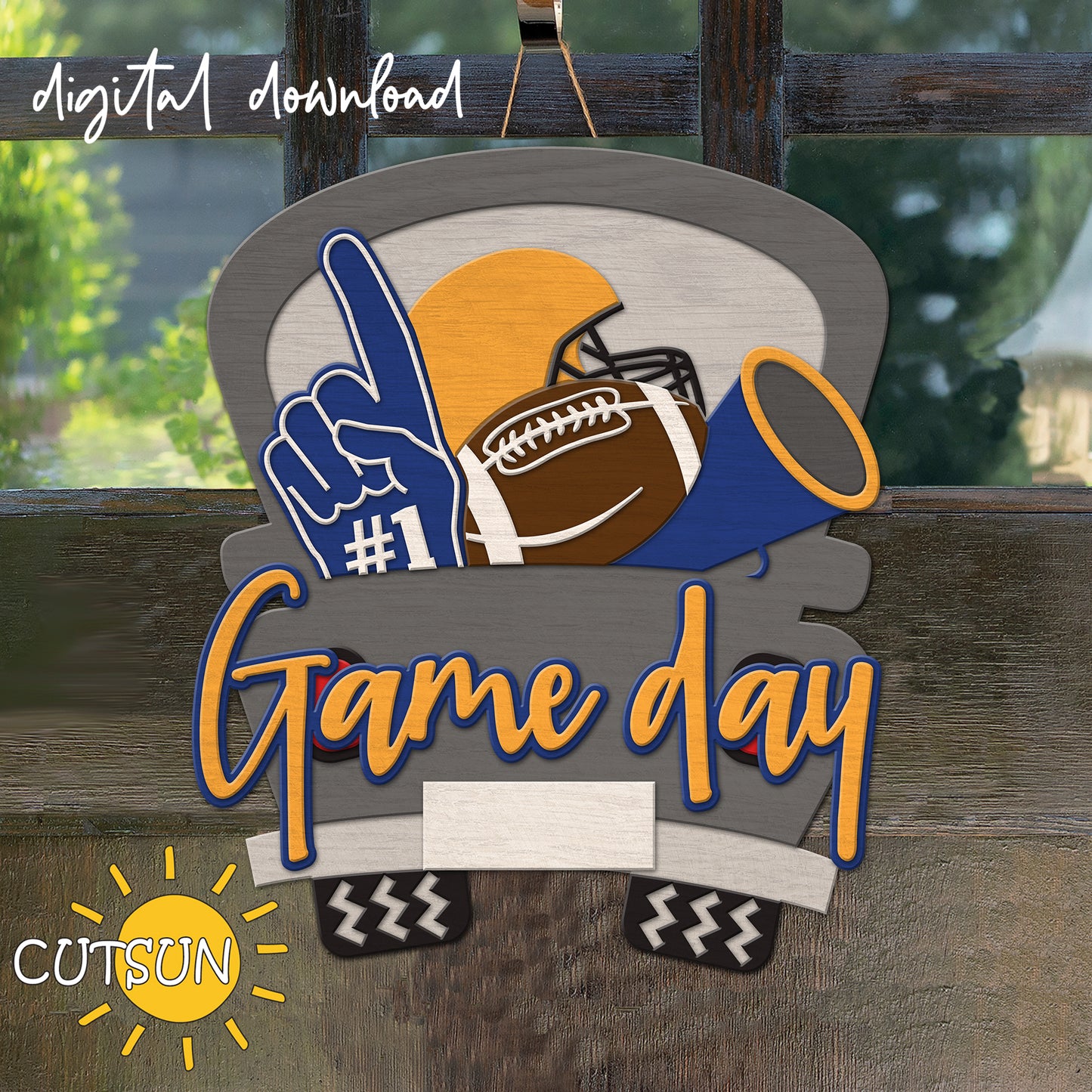Digital download for a door hanger in the shape of a vintage truck full with Football items - a foam hand, a helmet, a football, a megaphone.