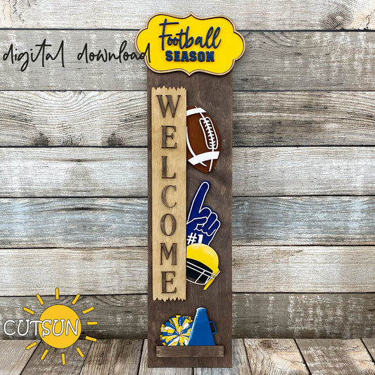 Football season porch sign SVG with helmet, foam hand, megaphone, and “Football Season” plaque – laser cut file with interchangeable vertical leaner base.