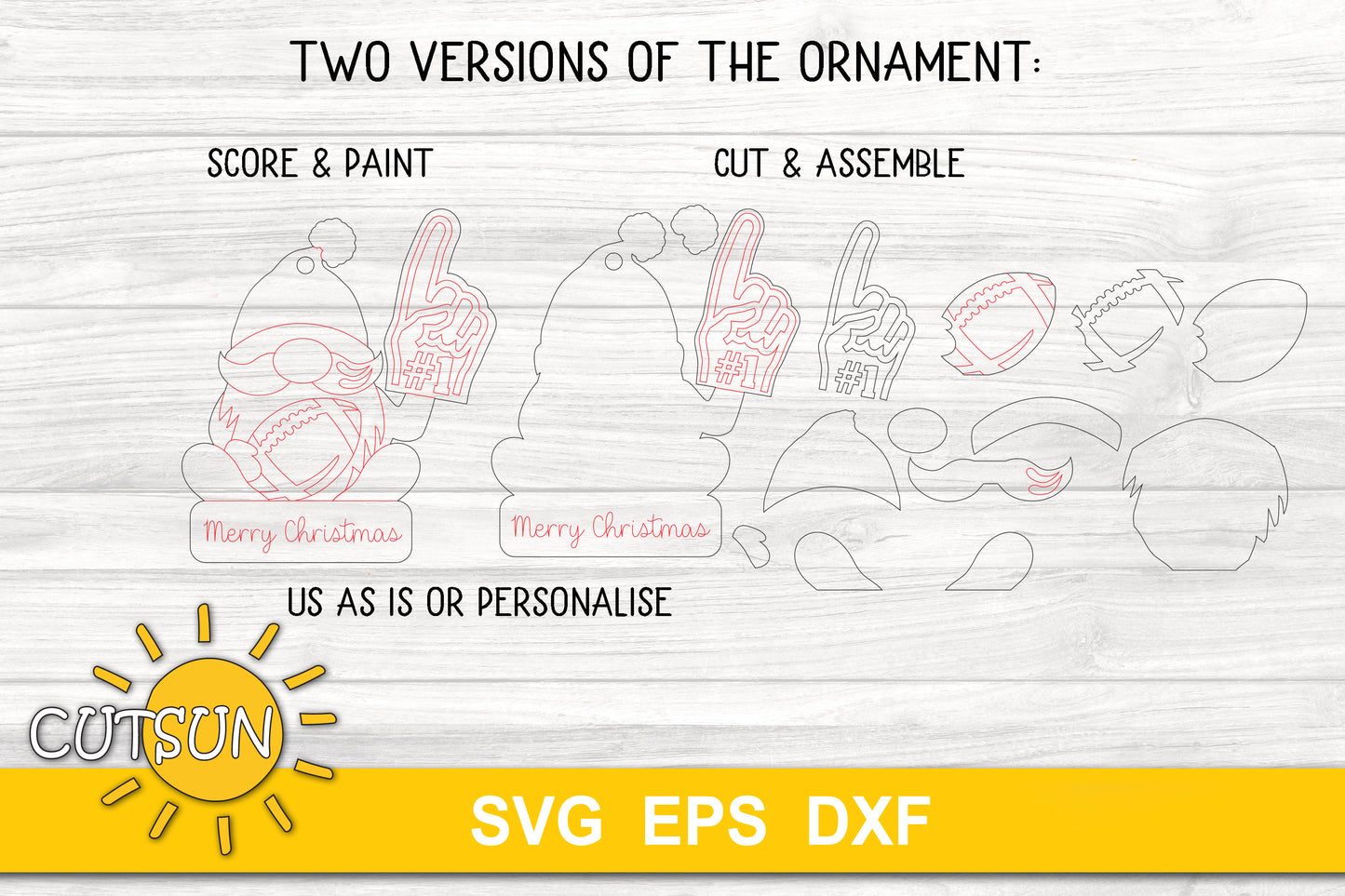 SVG digital download for use with laser cutters featuring a Football gnome Christmas ornament