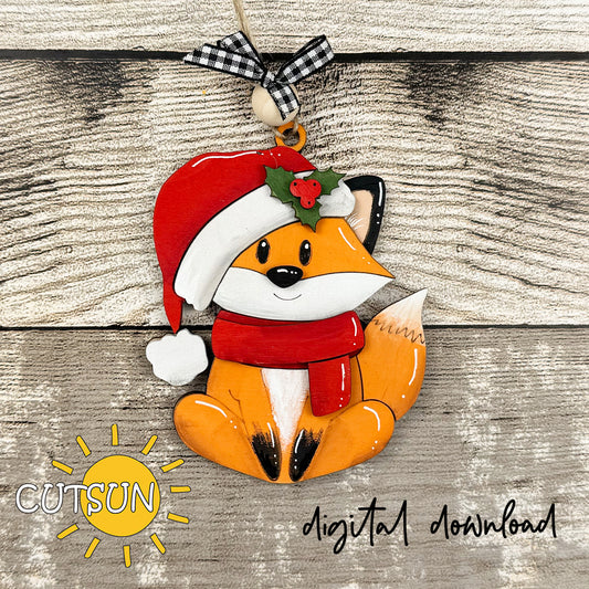 Christmas Fox Ornament SVG – cute woodland fox with Santa hat and scarf, laser cut file for festive holiday decorations.