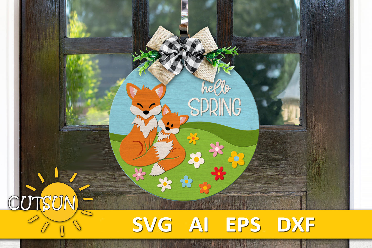 Hello Spring door hanger SVG Cute foxes welcome sign Glowforge svg laser cut file