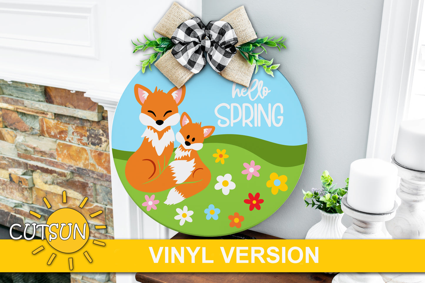 Hello Spring door hanger SVG Cute foxes welcome sign Glowforge svg laser cut file