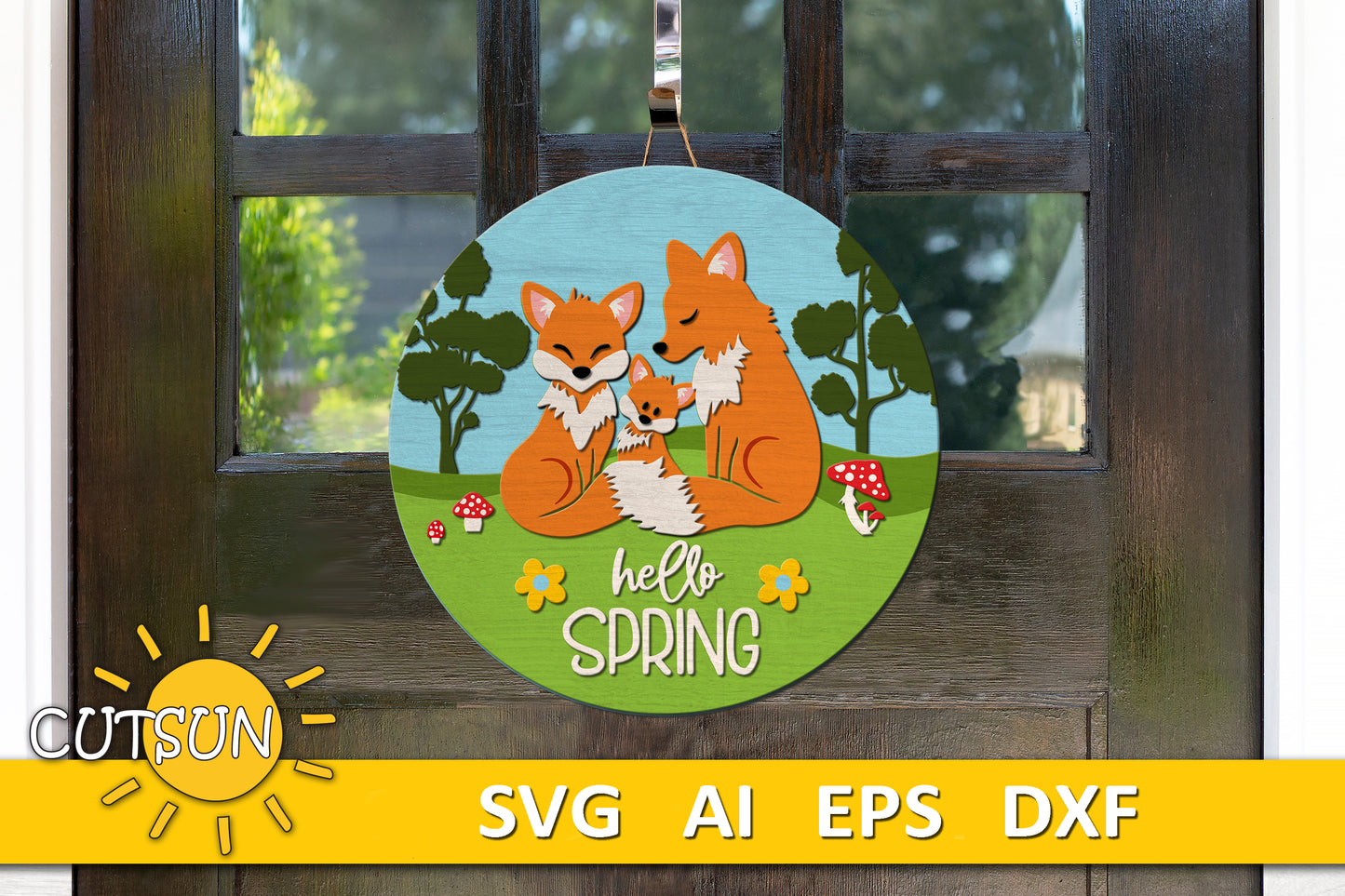 Hello Spring door hanger SVG Cute Fox family welcome sign Glowforge svg laser cut file