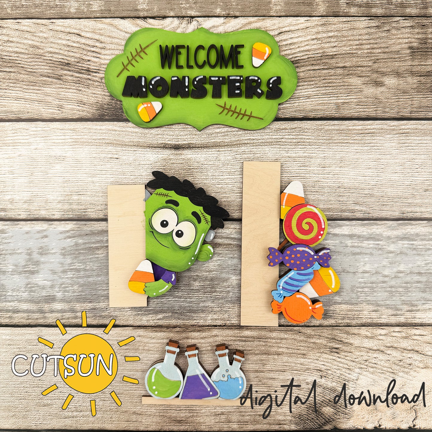 Frankenstein Halloween Porch Sign SVG | Welcome Monsters Vertical Leaner Add-On | Laser Cut Digital File