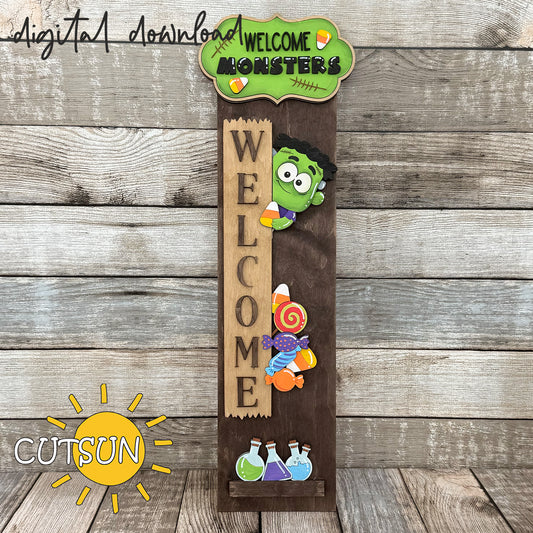 Frankenstein Halloween Porch Sign Add-On SVG with Welcome Monsters plaque, candies, and potion bottles for vertical leaner laser cut signs.