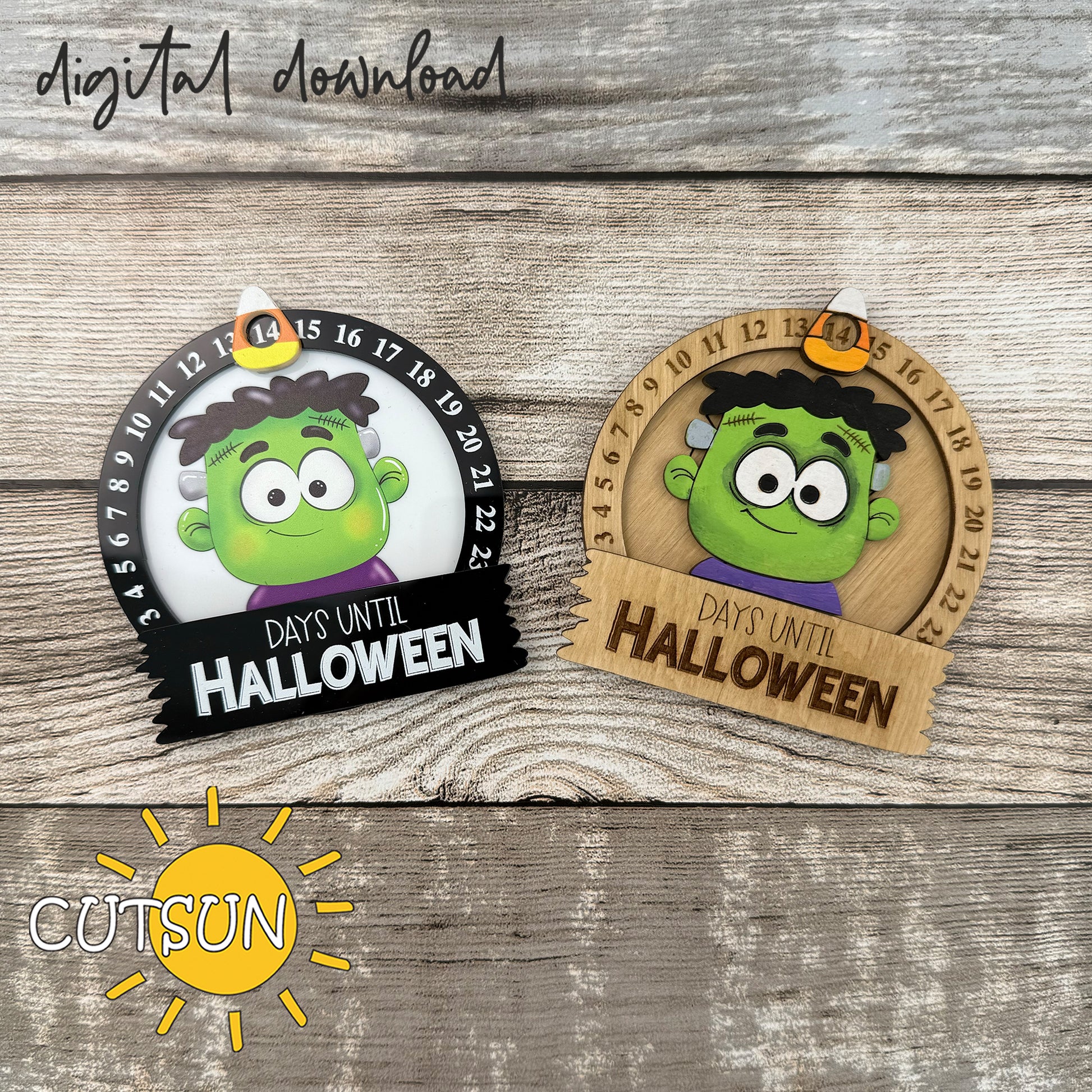 Frankenstein Halloween countdown sign SVG and print files for laser cutting; “Days Until Halloween” ornament to cut, paint, UV print or sublimate.