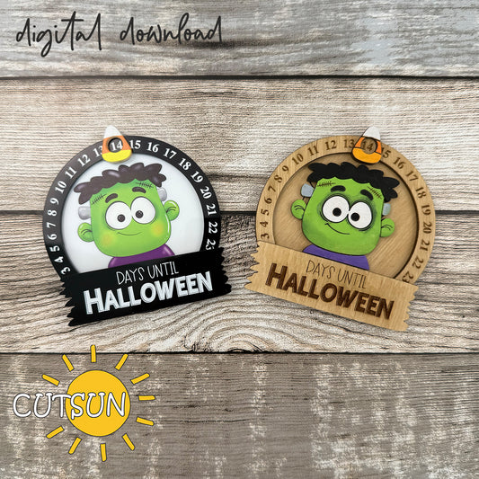 Frankenstein Halloween countdown sign SVG and print files for laser cutting; “Days Until Halloween” ornament to cut, paint, UV print or sublimate.