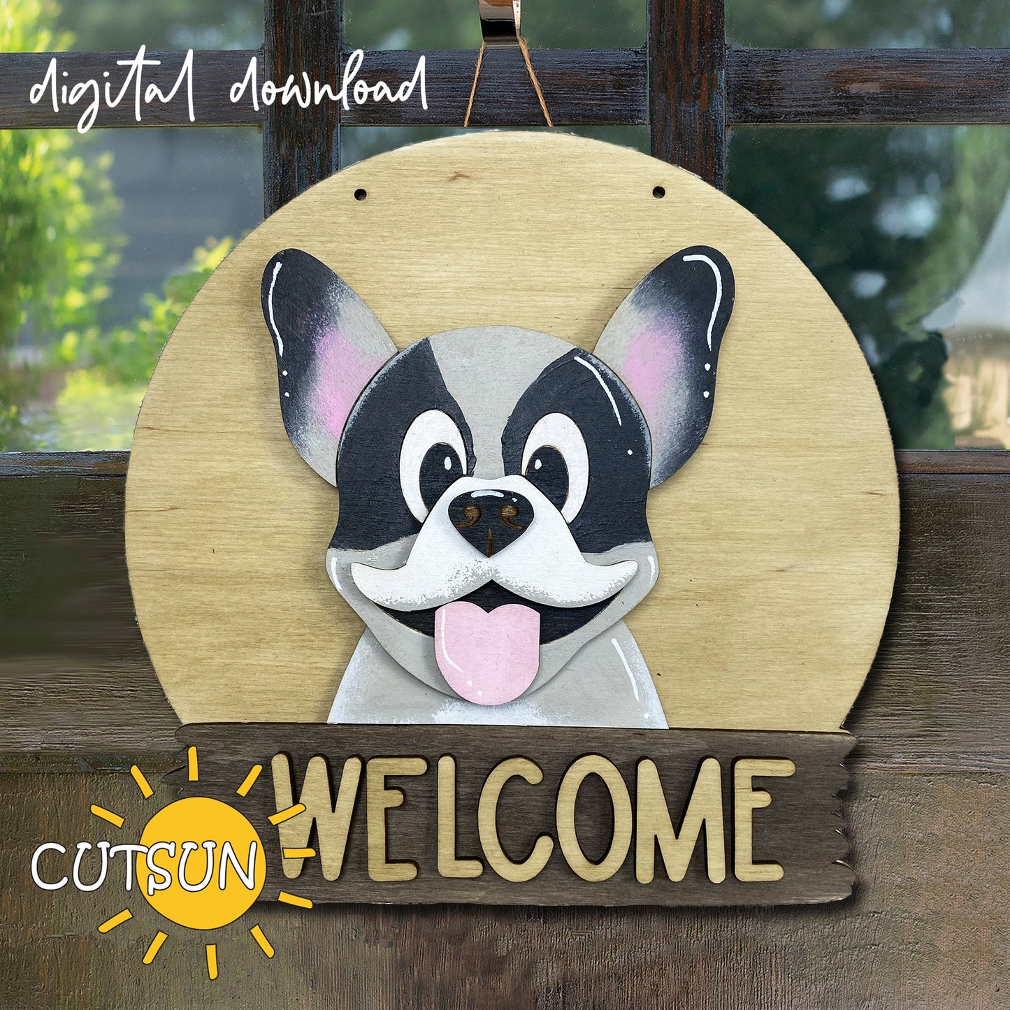 Digital download for an interchangeable door hanger featuring cute dog (Frenchie) and a plaque with the text Welcome.