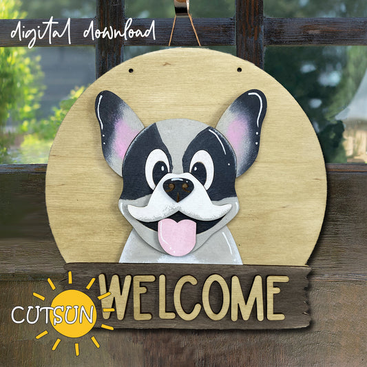 Digital download for an interchangeable door hanger featuring cute dog (Frenchie) and a plaque with the text Welcome.