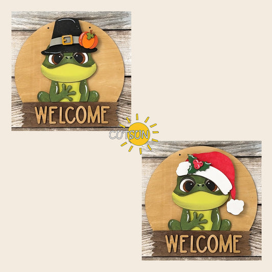 Frog Door Hanger SVG | Interchangeable Frog Welcome Sign Laser Cut File | Layered Front Door Decor Digital Download