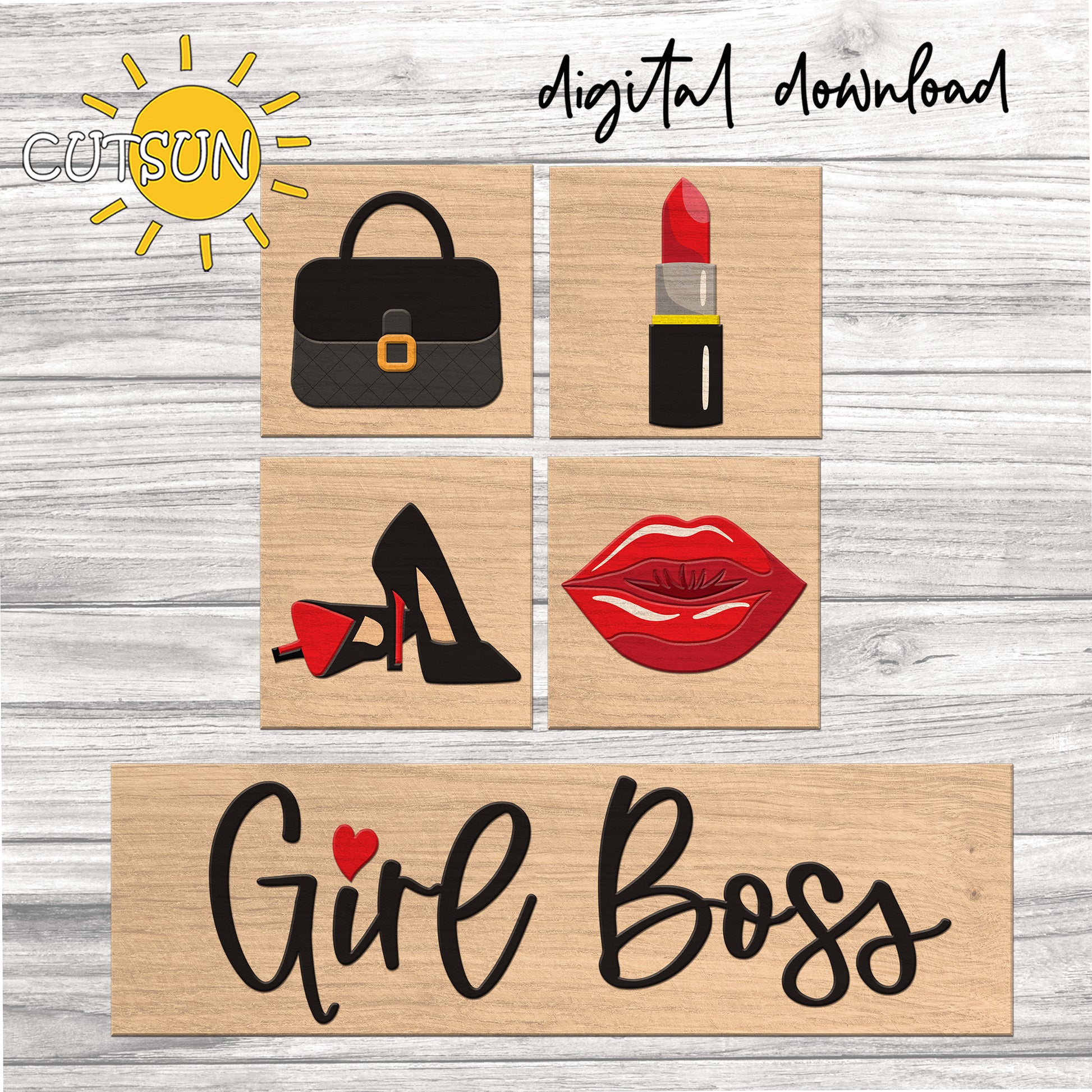 Set of digital stamps with a handbag, lipstick, high heels, and lips on a wooden background with 'Girl Boss' text.