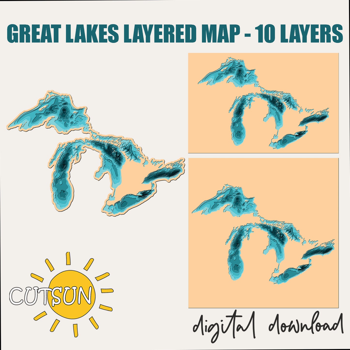 Great Lakes layered map with 10 layers, digital download, and Cutsun logo.