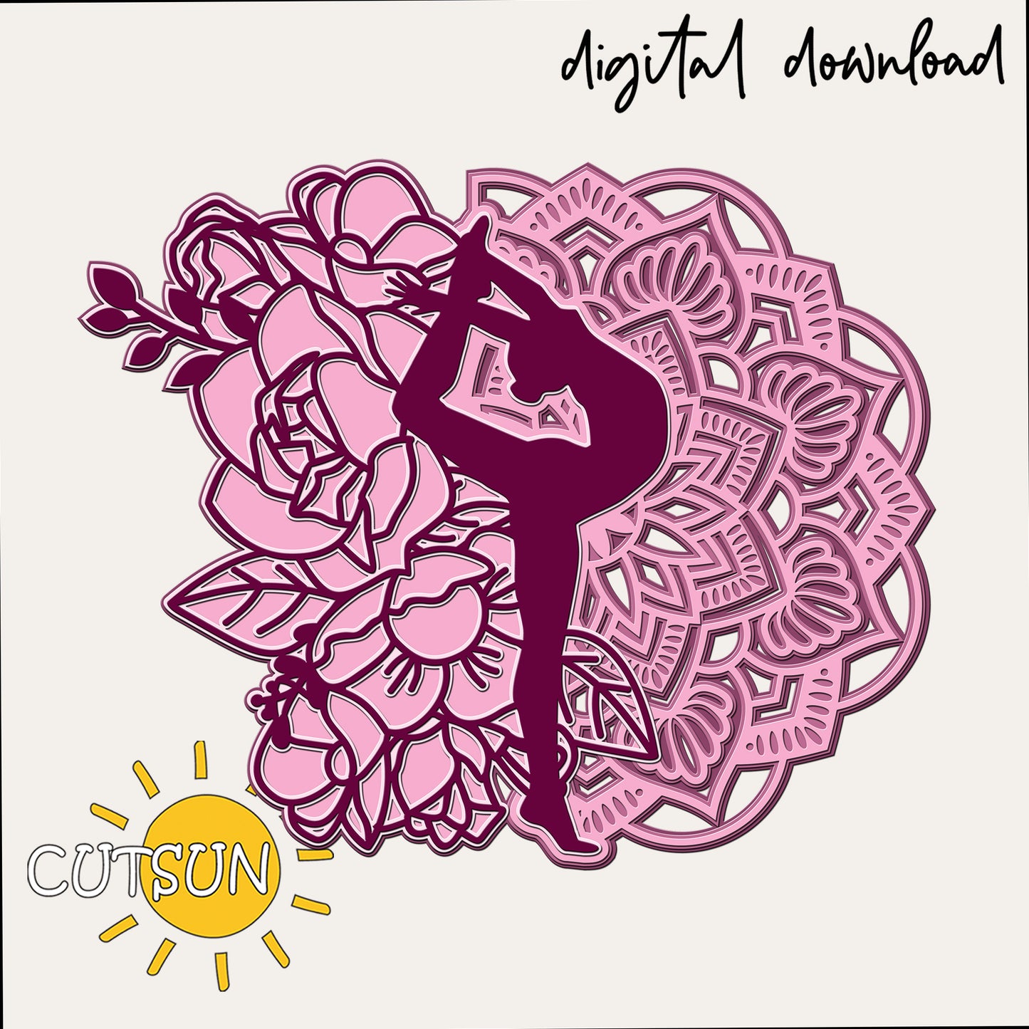 Decorative design with a silhouette of a dancer and floral elements on a pink mandala, featuring the brand 'CUTSUN'.