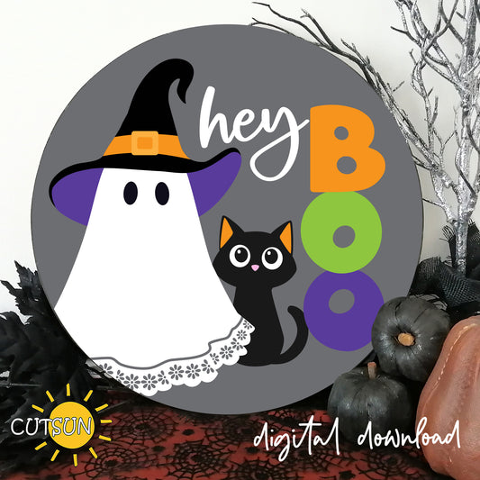 Hey Boo Halloween Door Hanger SVG | Layered Ghost & Black Cat Round Door Sign | Laser Cut File | Wooden Front Door Decor