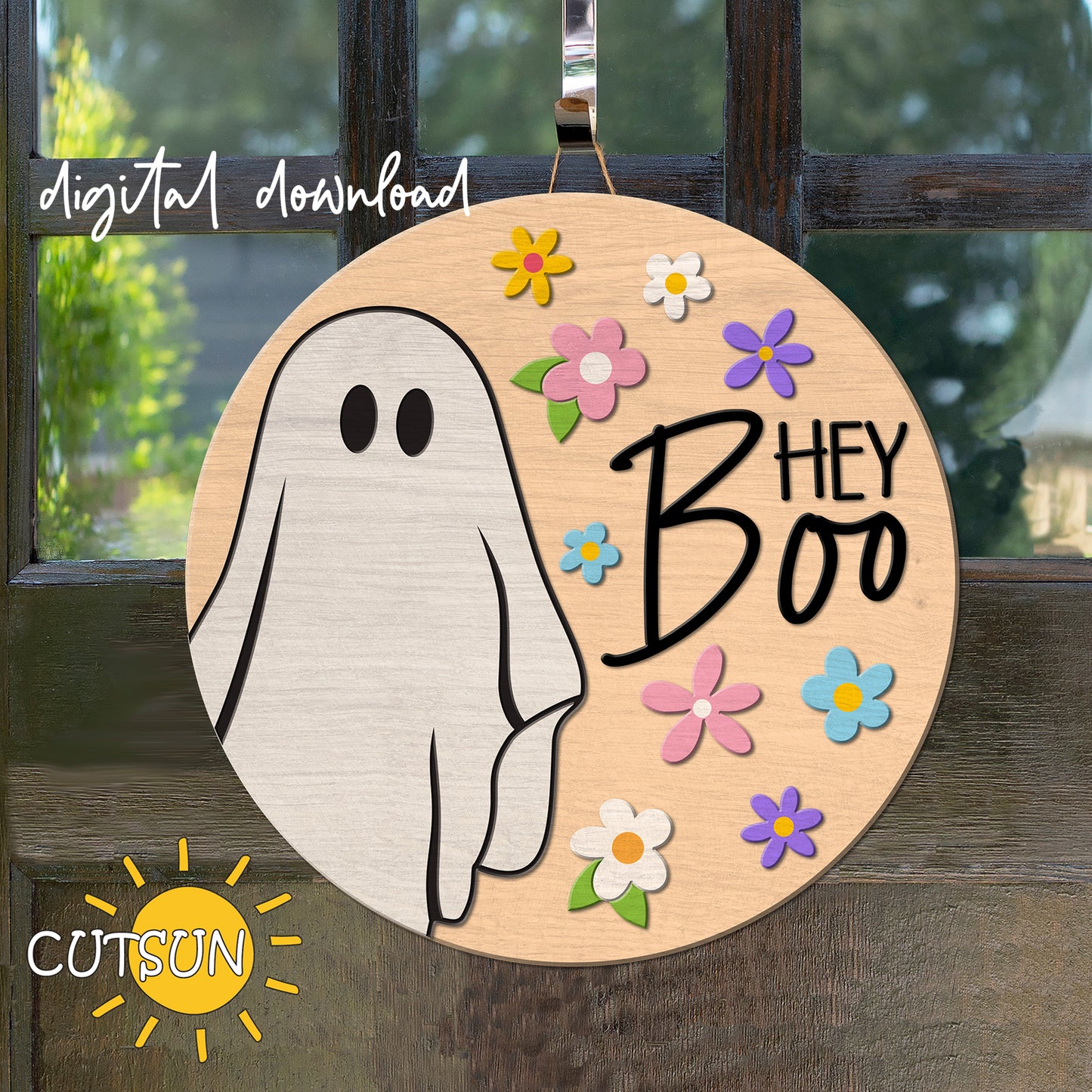 A digital door hanger featuring a cartoon ghost with the text 'Hey Boo' and decorative flowers.