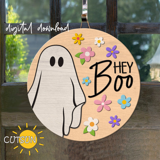 A digital door hanger featuring a cartoon ghost with the text 'Hey Boo' and decorative flowers.
