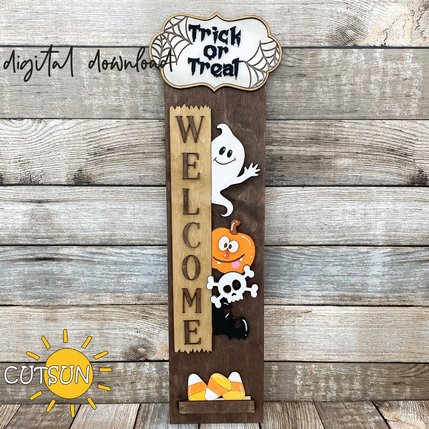 Halloween porch sign SVG with waving ghost, pumpkin, skull, bat, candy, and “Trick or Treat” plaque – laser cut file with interchangeable leaner base.