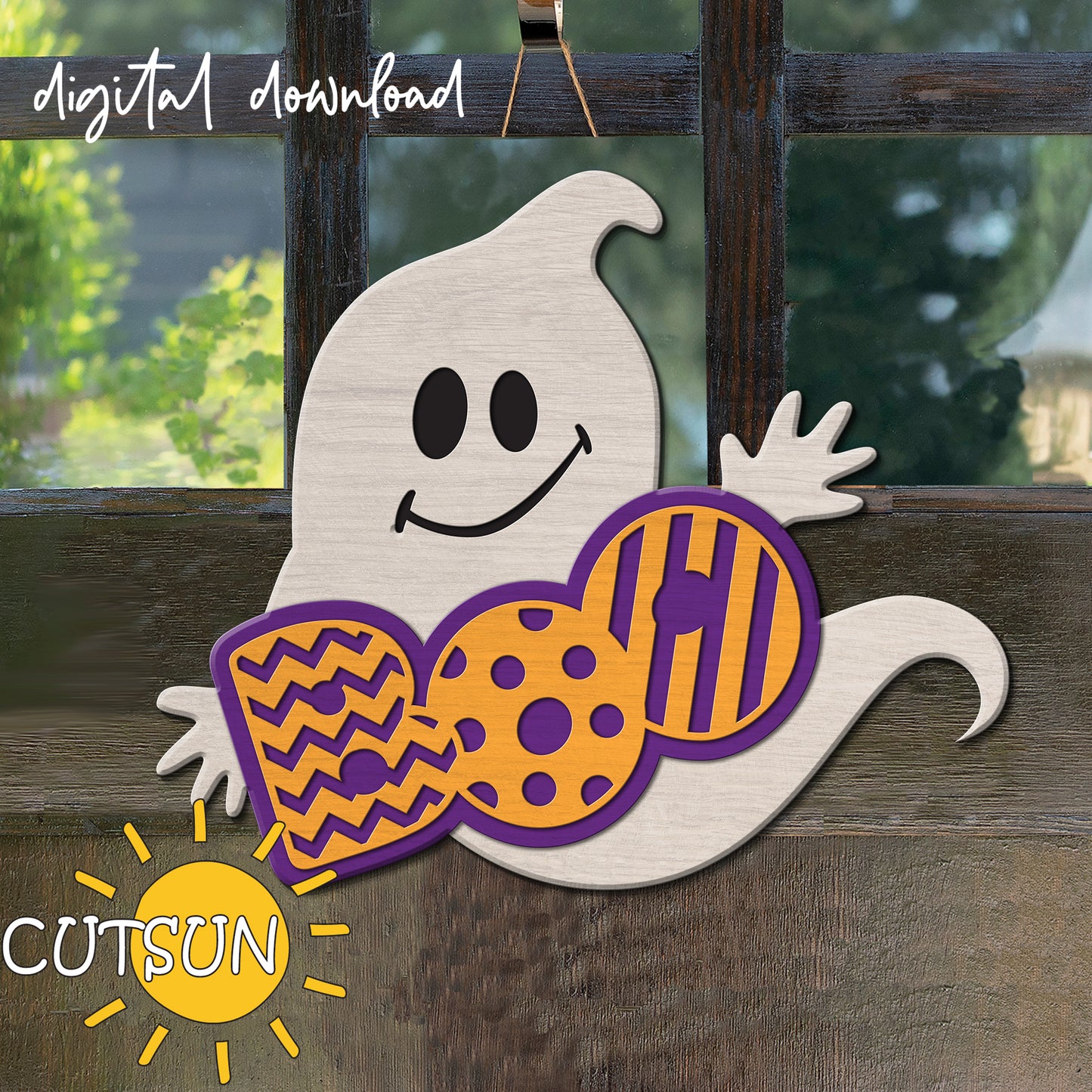 A digital image showing a Halloween door sign with a cut-out ghost and a patterned BOO design, indicating it is a digital download item.