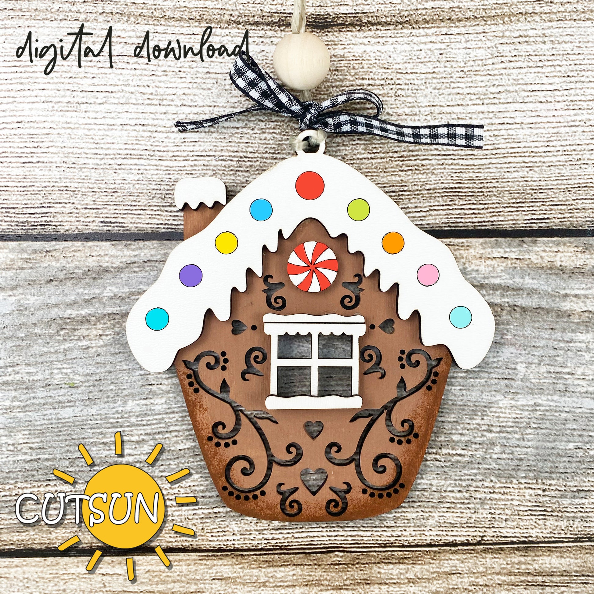A digital image of a decorative gingerbread house Christmas ornament with colorful details and a CUTSON logo at the bottom.