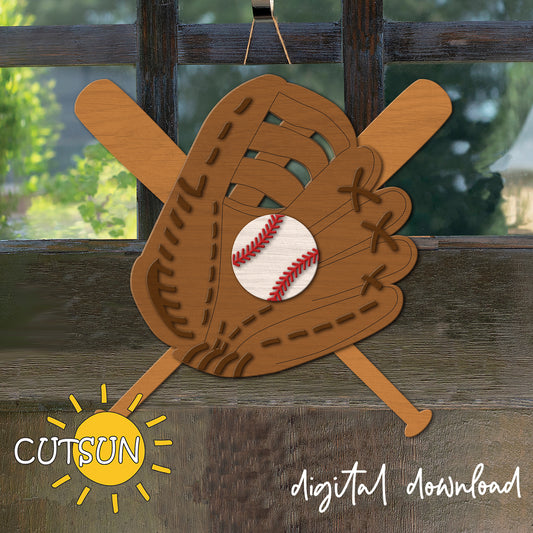 Decorative paper cutout of a baseball glove with a baseball inside, on a wooden surface with 'CUTSUN' branding.