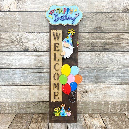 Birthday porch sign SVG with gnome, balloons, cake, and layered Happy Birthday plaque – laser cut file with vertical leaner add-on.