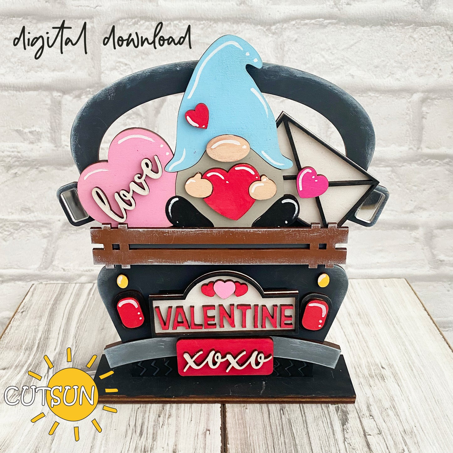 A digital render of a Valentine's Day-themed gnome add-on for an interchangeable truck SVG laser cut file, featuring a gnome with a love sign and a truck with a Valentine's decoration.