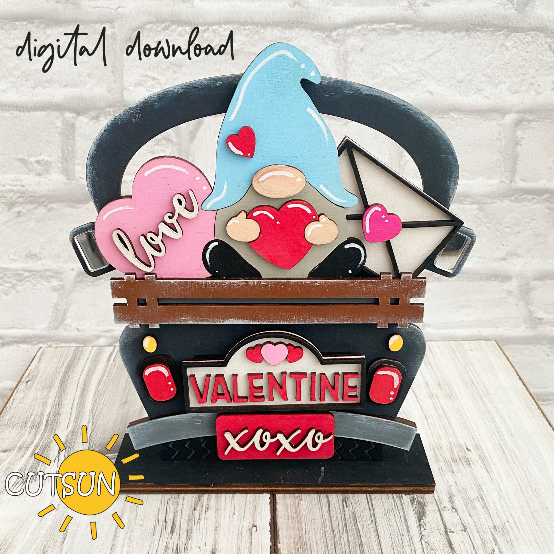 A digital render of a Valentine's Day-themed gnome add-on for an interchangeable truck SVG laser cut file, featuring a gnome with a love sign and a truck with a Valentine's decoration.