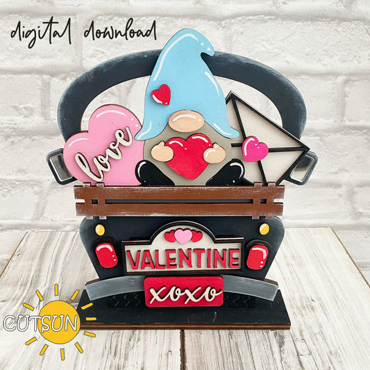 A digital render of a Valentine's Day-themed gnome add-on for an interchangeable truck SVG laser cut file, featuring a gnome with a love sign and a truck with a Valentine's decoration.