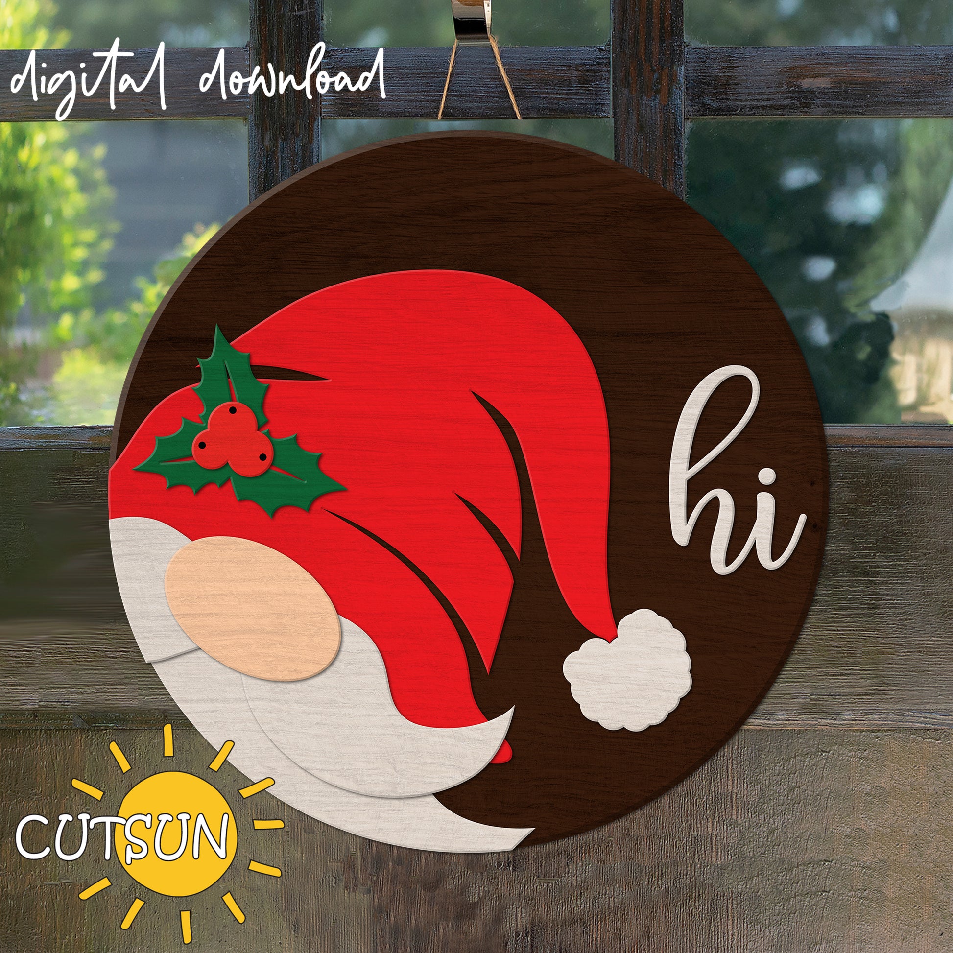 Decorative sign with a gnome wearing a red hat and the word 'hi' on a wooden background.