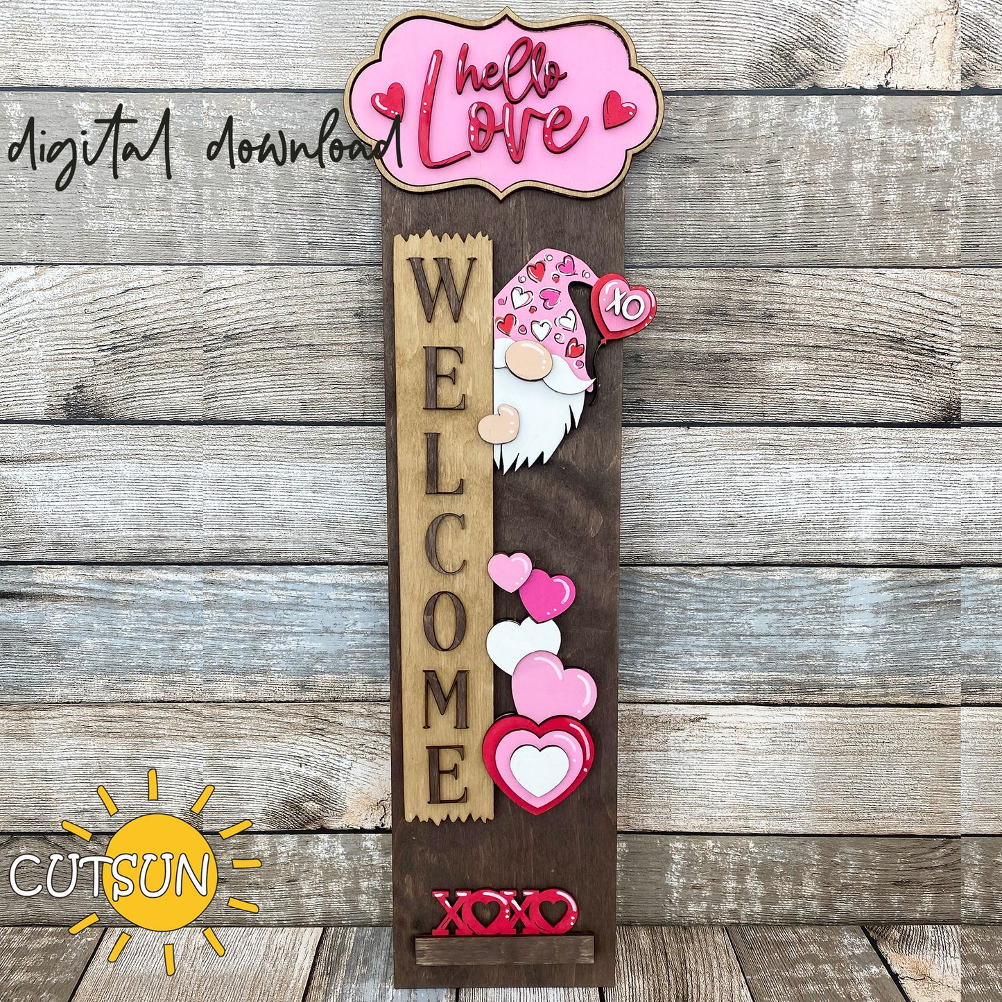 Valentine’s Day porch sign SVG with gnome, heart balloon, XOXO, and Hello Love plaque – laser cut file with interchangeable vertical leaner base.