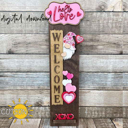 Valentine’s Day porch sign SVG with gnome, heart balloon, XOXO, and Hello Love plaque – laser cut file with interchangeable vertical leaner base.