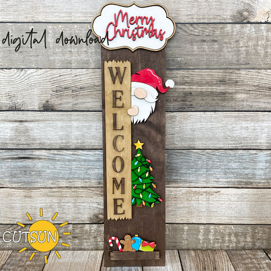 Christmas porch sign SVG with gnome, Christmas tree, candy cane, and gingerbread boy – laser cut file for vertical interchangeable sign