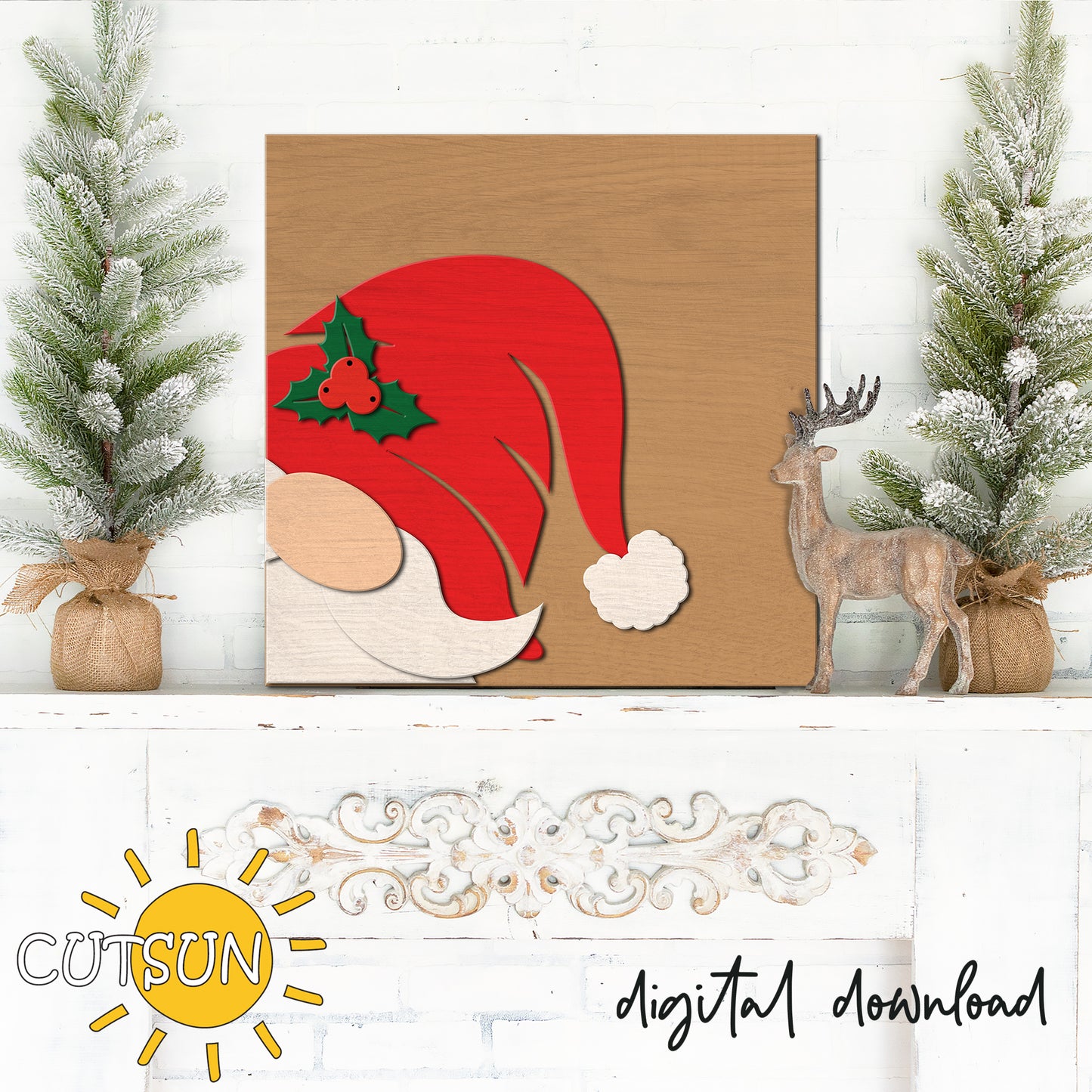 Wooden cutout of a red Santa hat with holly leaves on a white surface with Christmas decor.