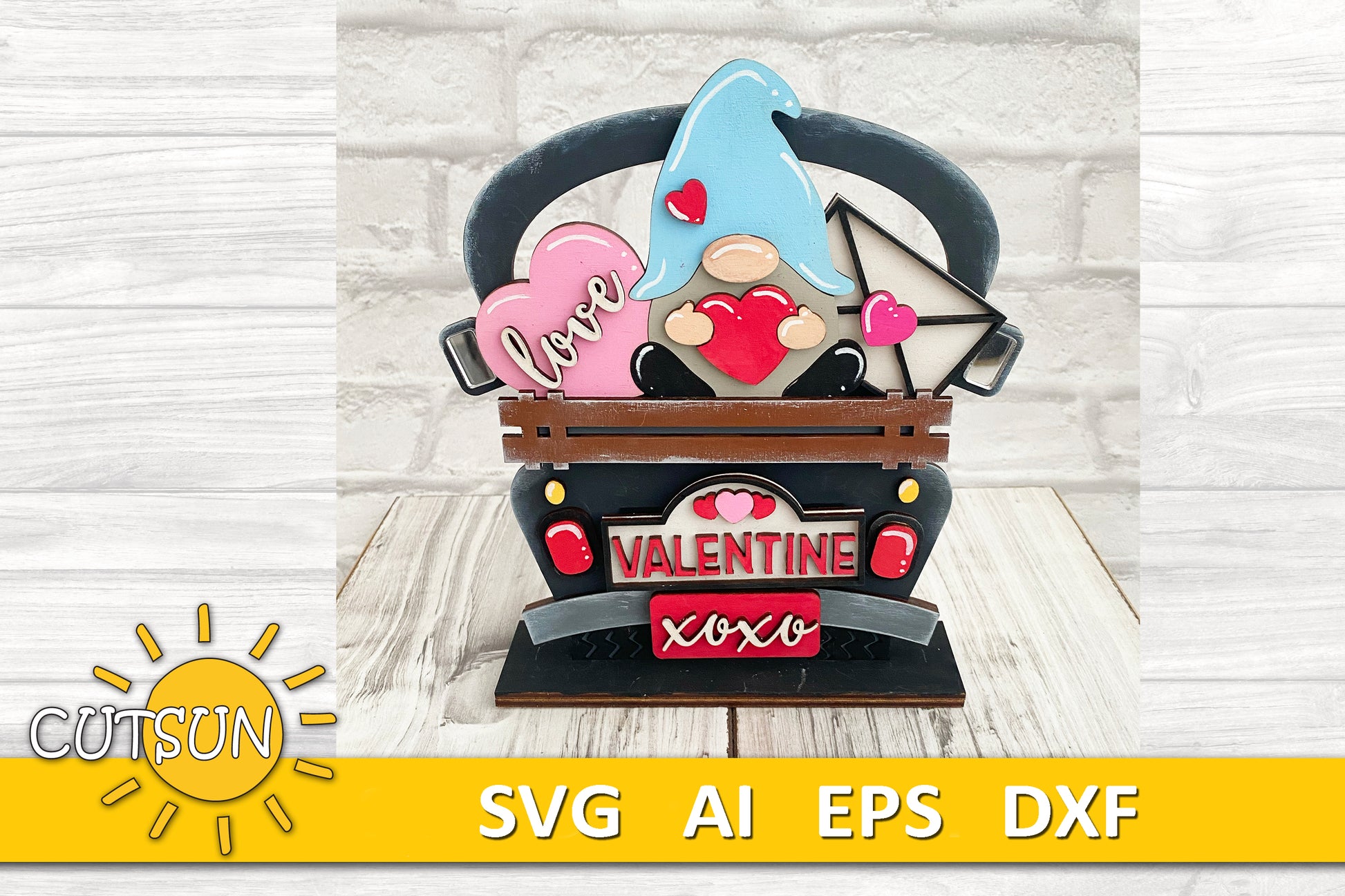 Valentine's day add-on for the Interchangeable truck featuring a cute Gnome holding a heart, a heart with love and a love letter; a plate with three hearts and the word Valentine and a license plate with xoxo - SVG digital download for use with laser cutters