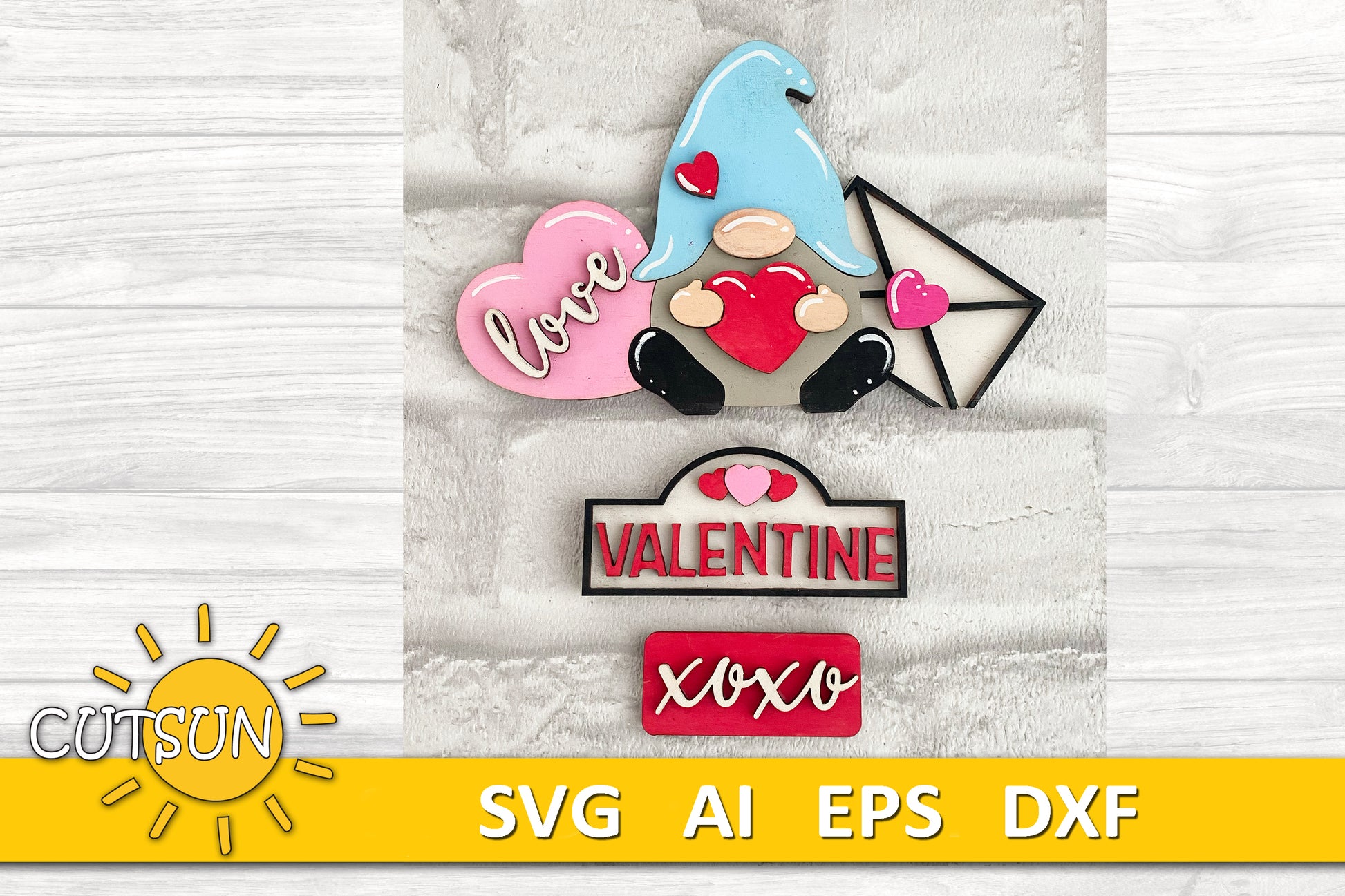 Valentine's day add-on for the Interchangeable truck featuring a cute Gnome holding a heart, a heart with love and a love letter; a plate with three hearts and the word Valentine and a license plate with xoxo - SVG digital download for use with laser cutters