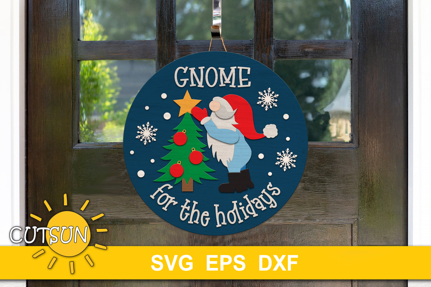 Gnome decorating a Christmas tree - SVG digital download for use with laser cutters & Cricut / Silhouette craft cutting machines