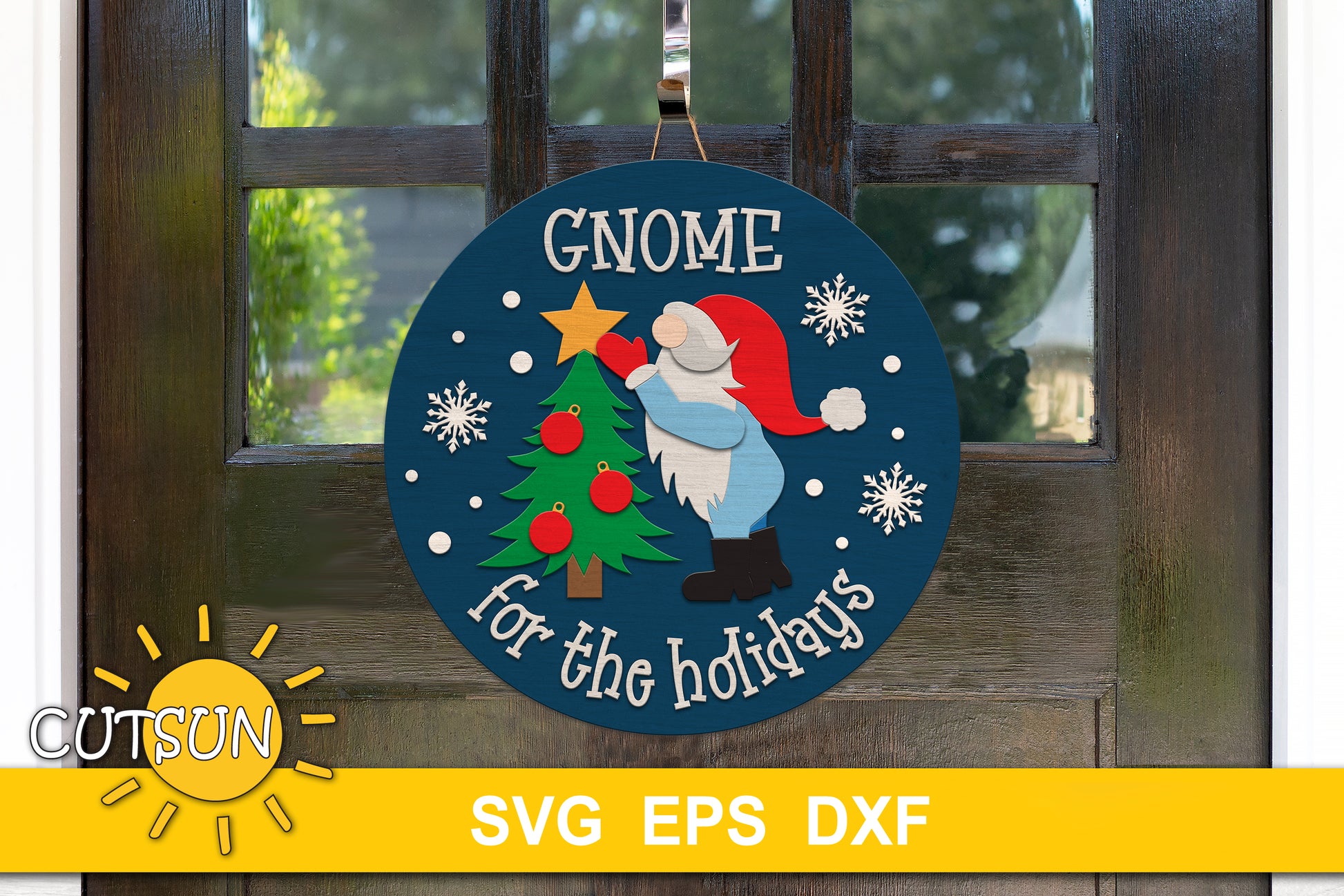 Gnome decorating a Christmas tree - SVG digital download for use with laser cutters & Cricut / Silhouette craft cutting machines