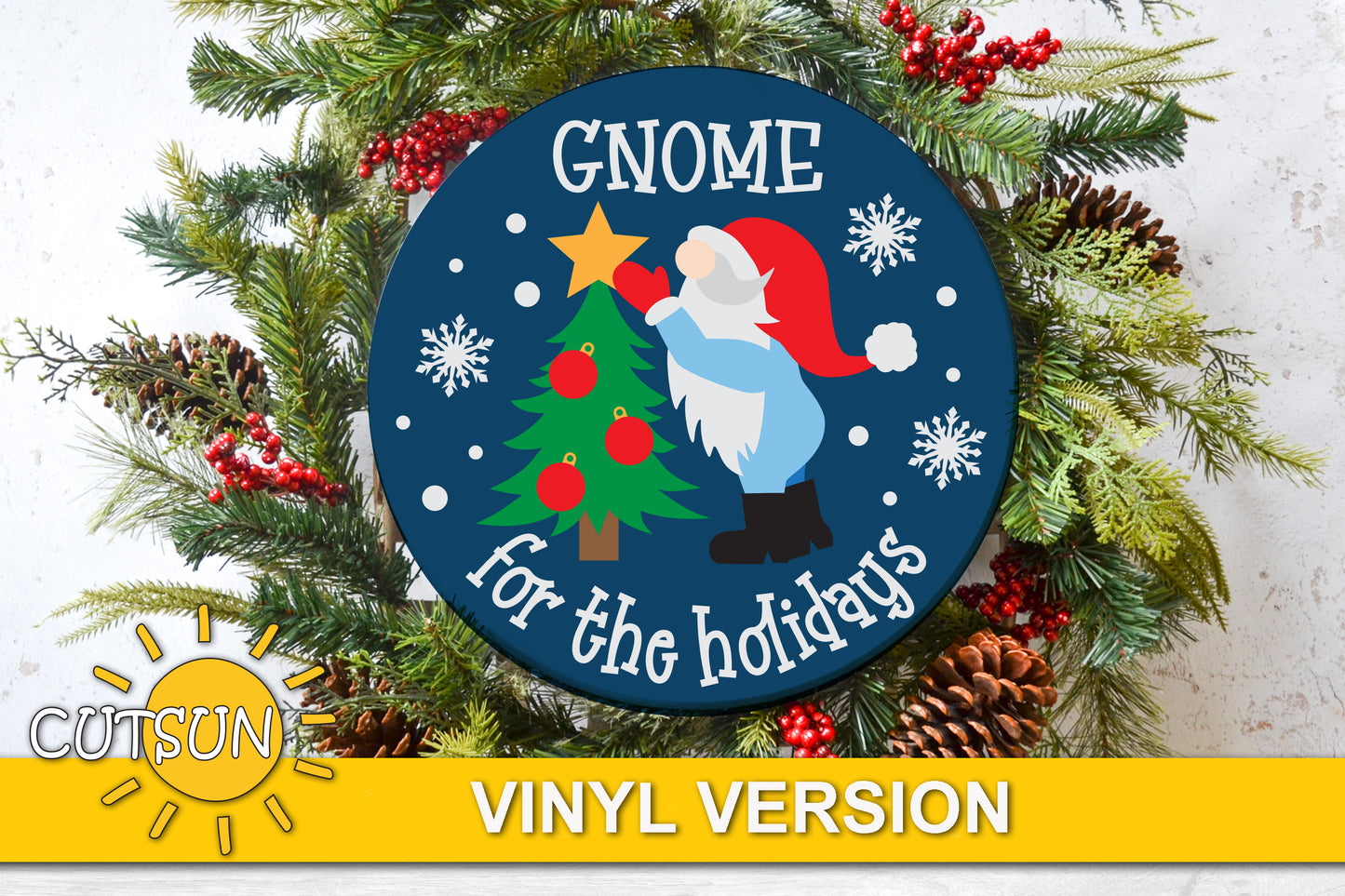 Gnome decorating a Christmas tree - SVG digital download for use with laser cutters & Cricut / Silhouette craft cutting machines