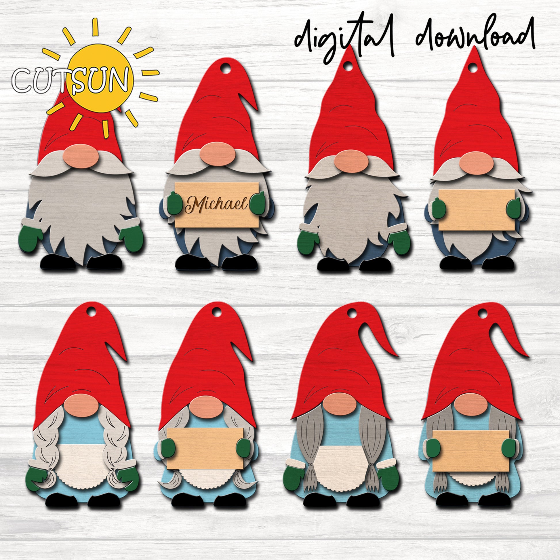 Set of digital download gnomes with red hats on a light wooden background