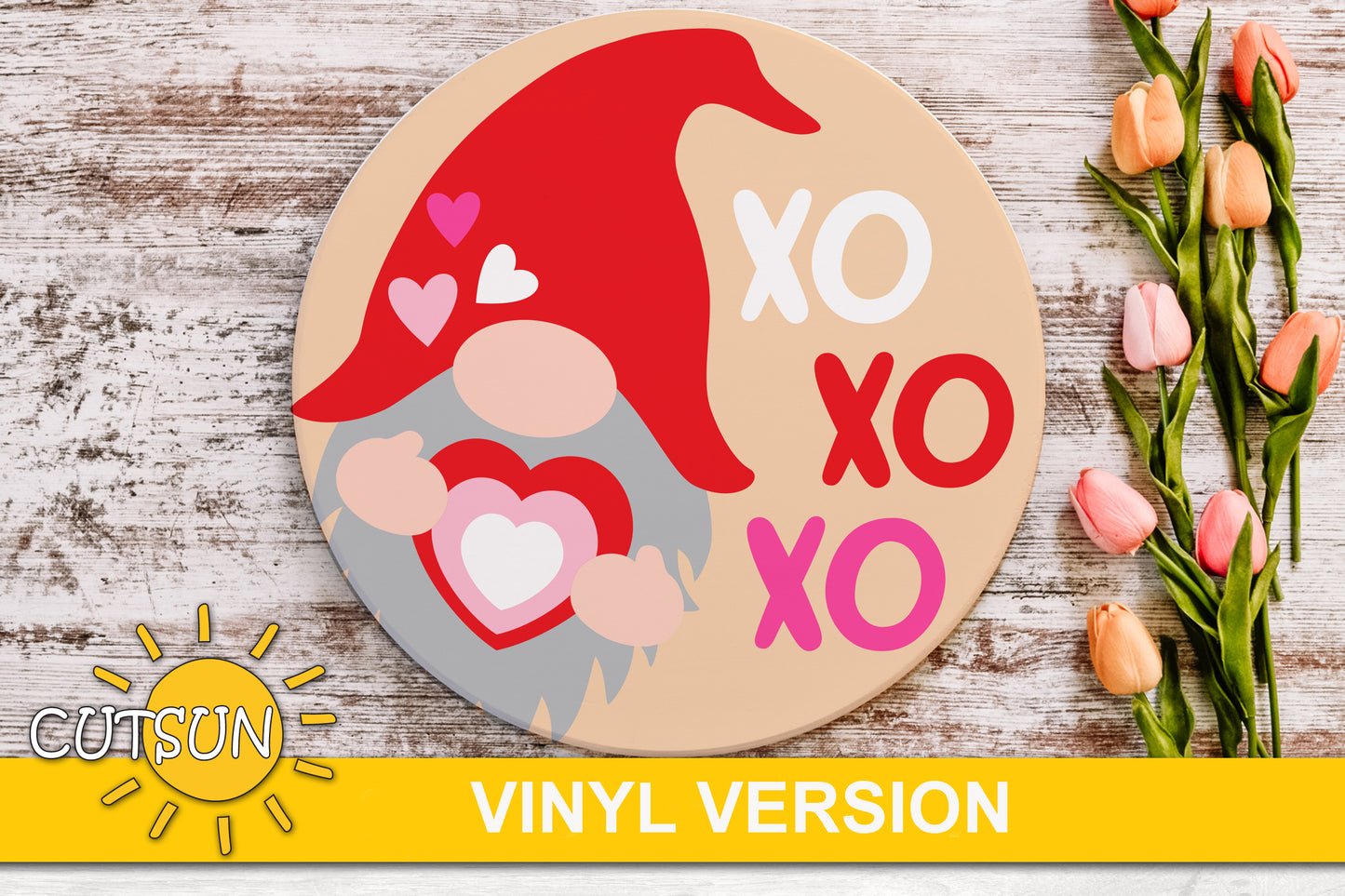 SVG digital download for a Valentine's day door hanger featuring a gnome holding a heart